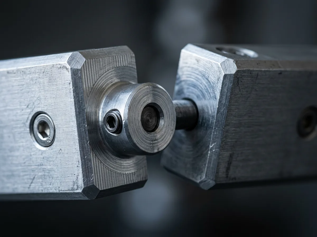 Macro detail of a machined aluminium hinge joint with fine tooling marks catching cool side light.