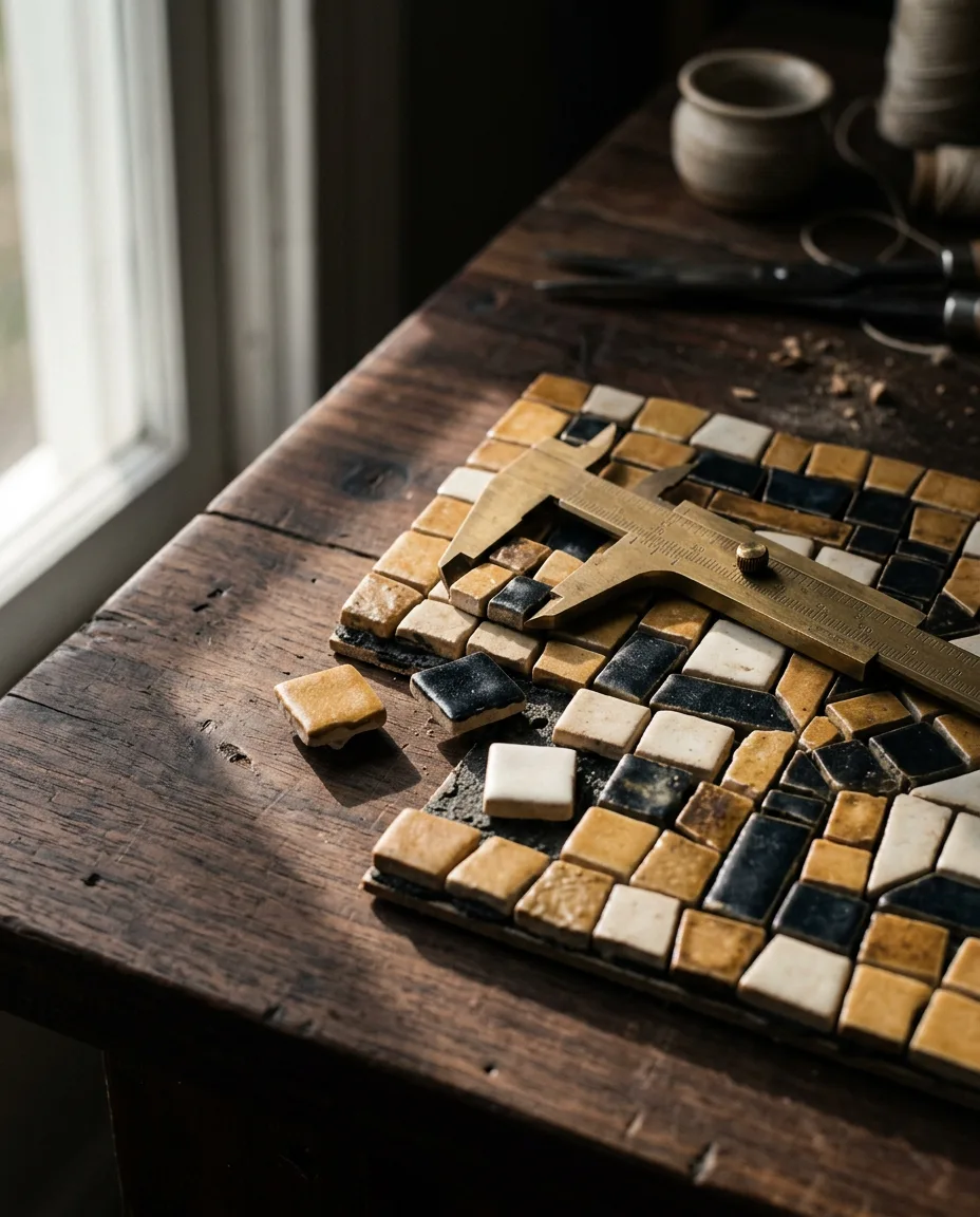 Hand-assembled mosaic of matte ceramic tiles in ochre, ink black and bone white, a few tiles lifted from a dark wooden table under raking window light.