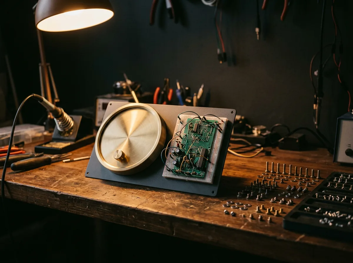 Engineer's bench with a half-assembled instrument, a single brass dial, and breadboard traces laid out under a task lamp.