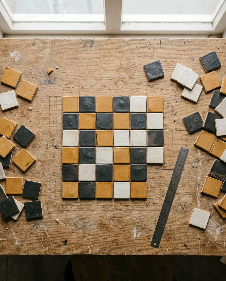 Close view of a tile layout being rearranged on a workbench, gaps measured with a fine steel rule.