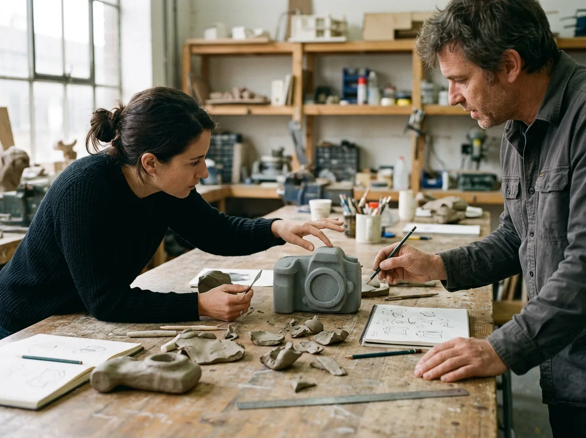 Designer and engineer leaning over a foam model of a handheld device on a long wooden workshop table.