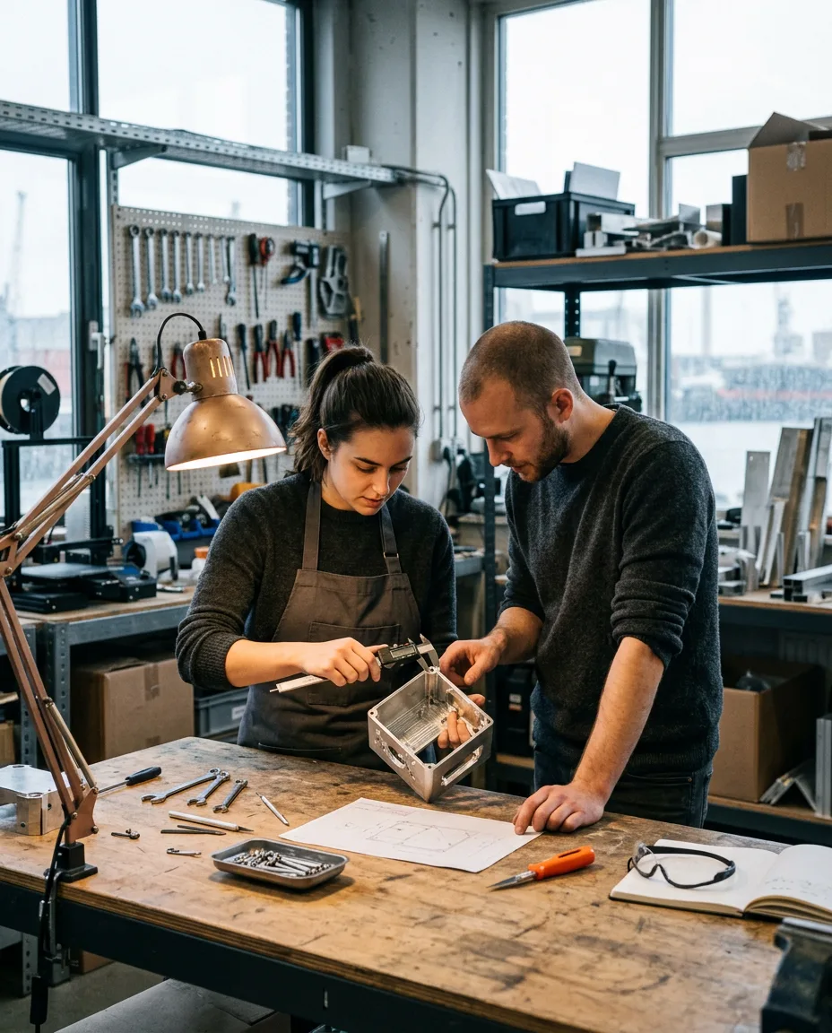 Inside the OSSATURE prototype lab: engineers around a machined aluminium housing on a workbench, warm task lighting, tools and calipers on a pegboard behind.