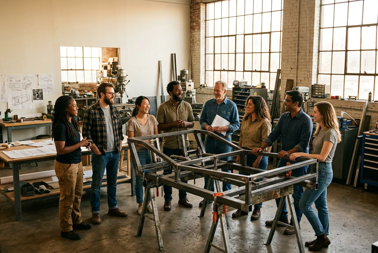 The OSSATURE team of eight standing in their workshop beside a large steel frame prototype, candid and unposed, late afternoon light through factory windows.