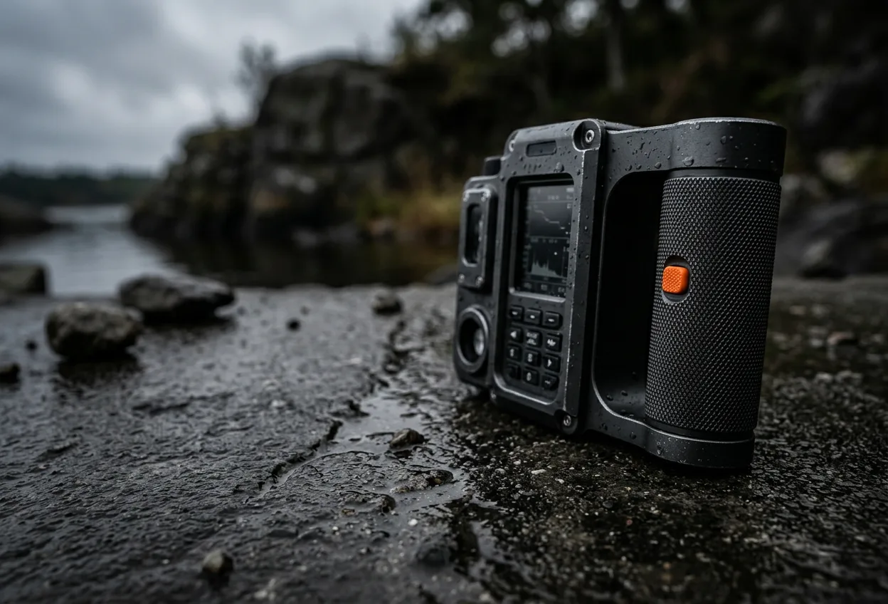 A rugged handheld field instrument with an oversized knurled grip, photographed on wet concrete in dramatic side light.
