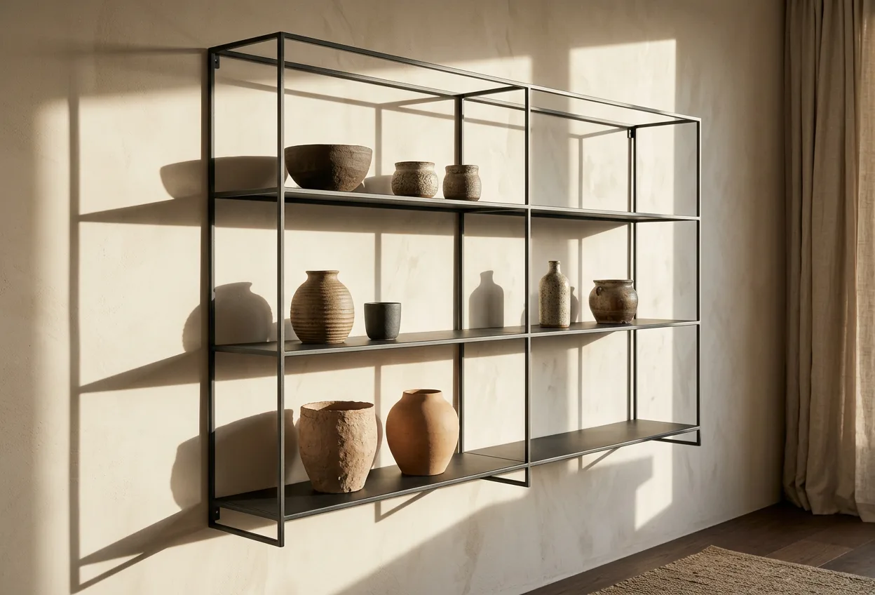 A minimalist modular shelving system of powder-coated steel ribs holding ceramic objects, in a sunlit studio with long shadows.