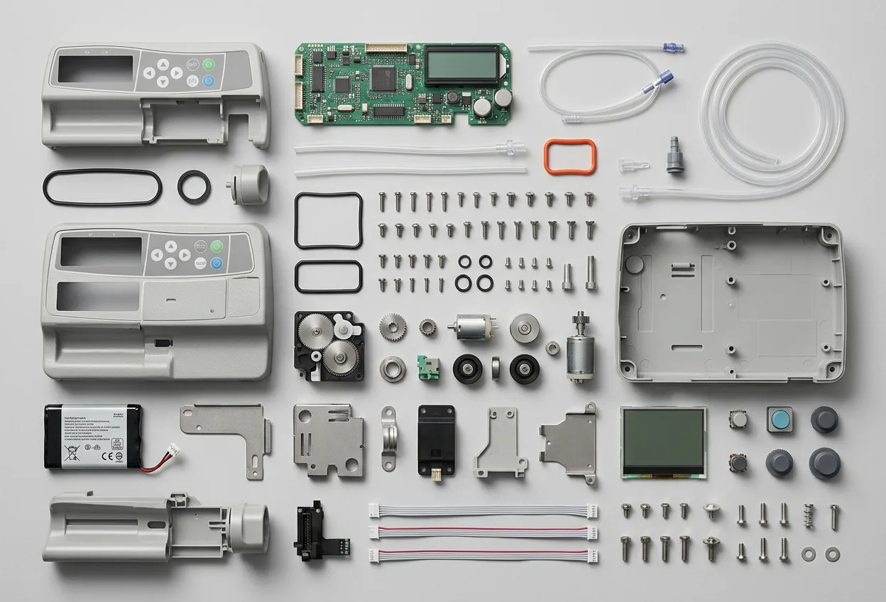 A disassembled medical infusion pump laid out in a precise exploded grid on grey paper, components casting soft shadows, top-down view.