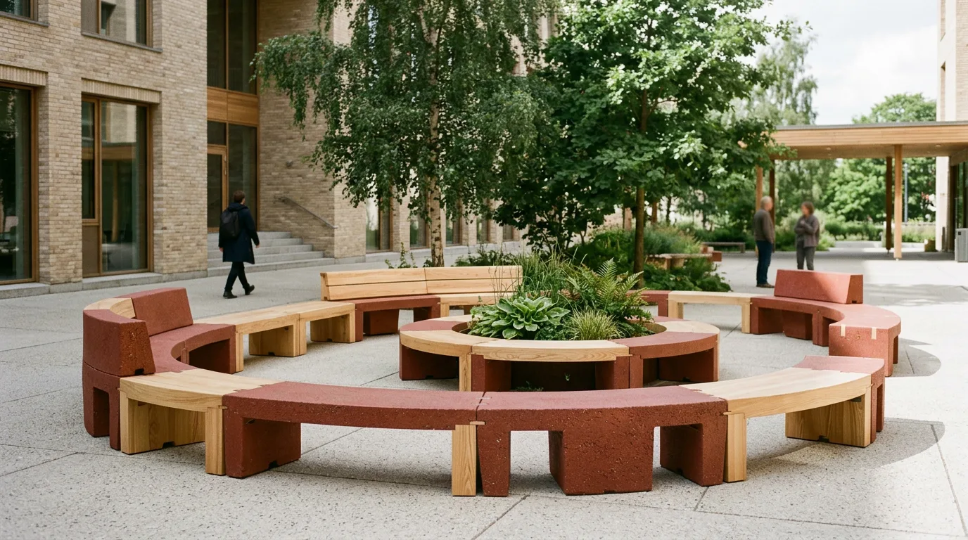 A quiet, modular public seating installation made from warm timber and deep red recycled material