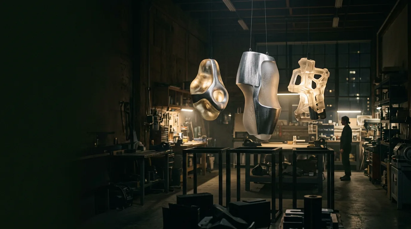 Sculptural, illuminated prototype forms suspended in a dark workshop, with a small human silhouette for scale