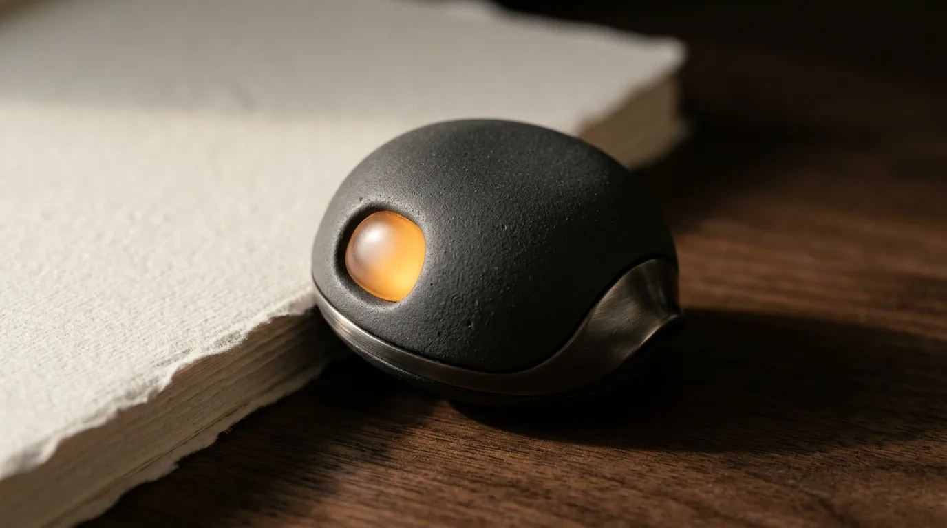 A close-up of a small, tactile desktop device with a softly glowing amber light