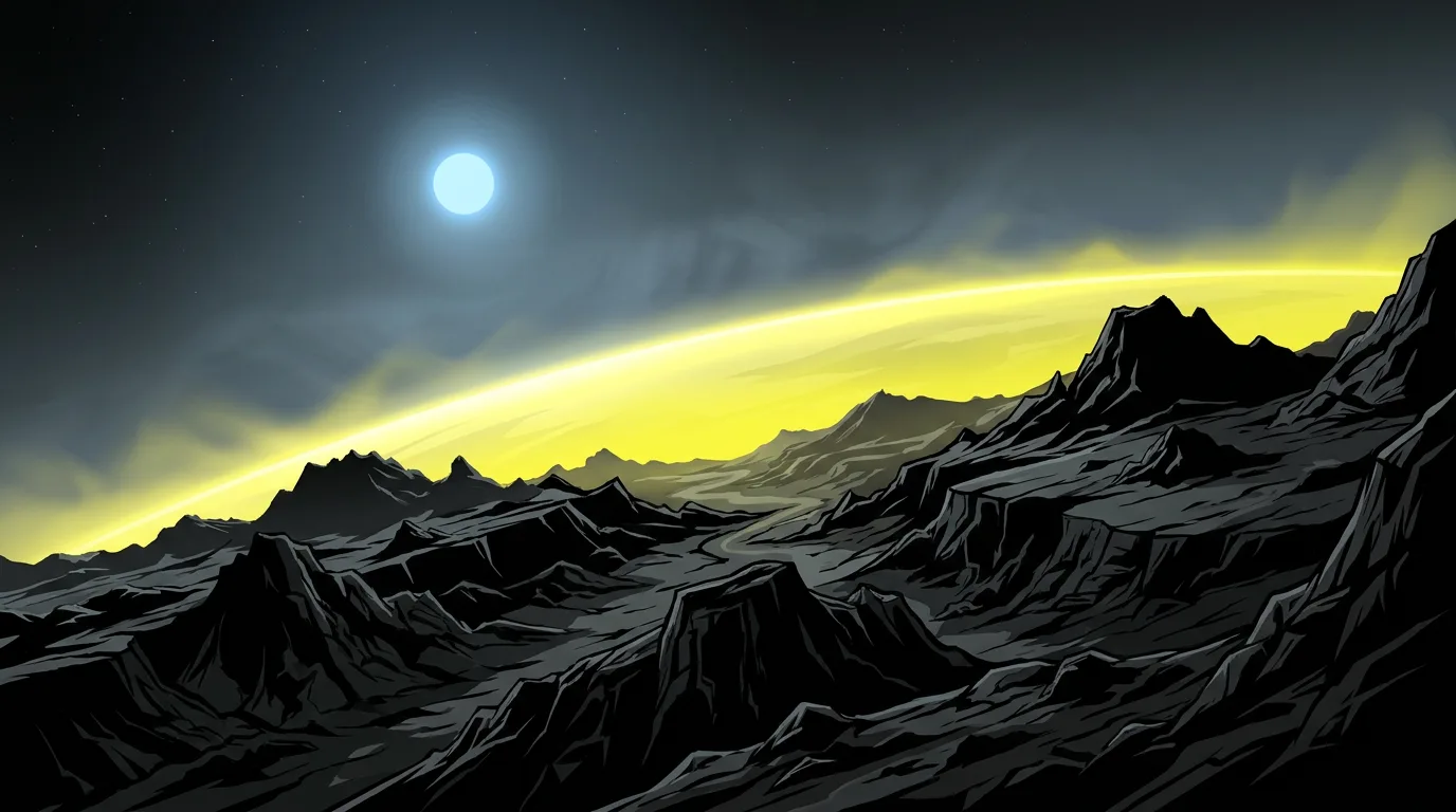 A surreal orbital landscape with black terrain and a bright yellow horizon
