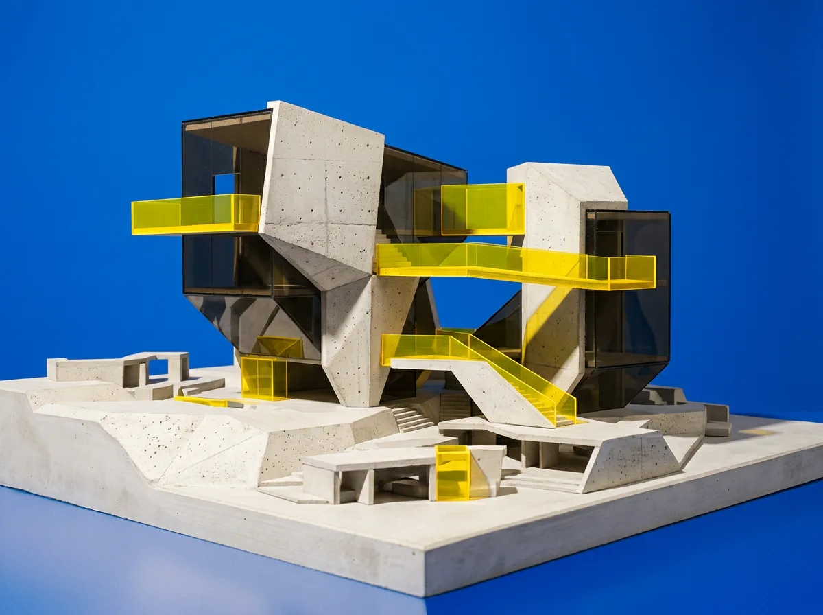 Geometric architectural model photographed against a saturated blue background