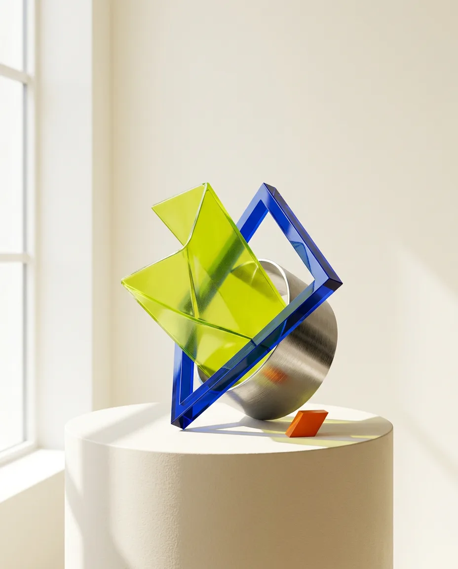 A sculptural lime-green and cobalt object arranged on a pale studio table