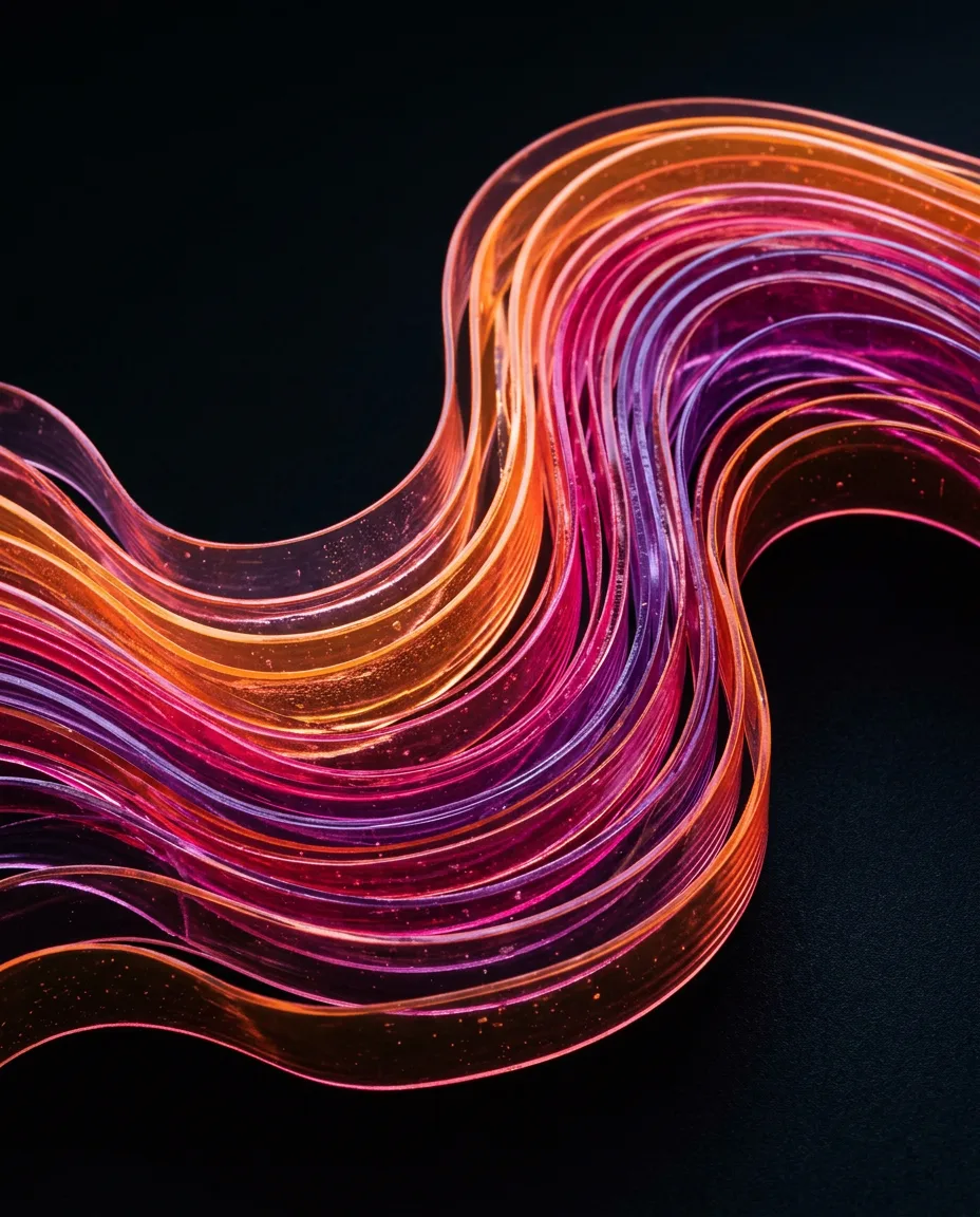 Close-up of layered translucent paper forms in vivid orange and pink