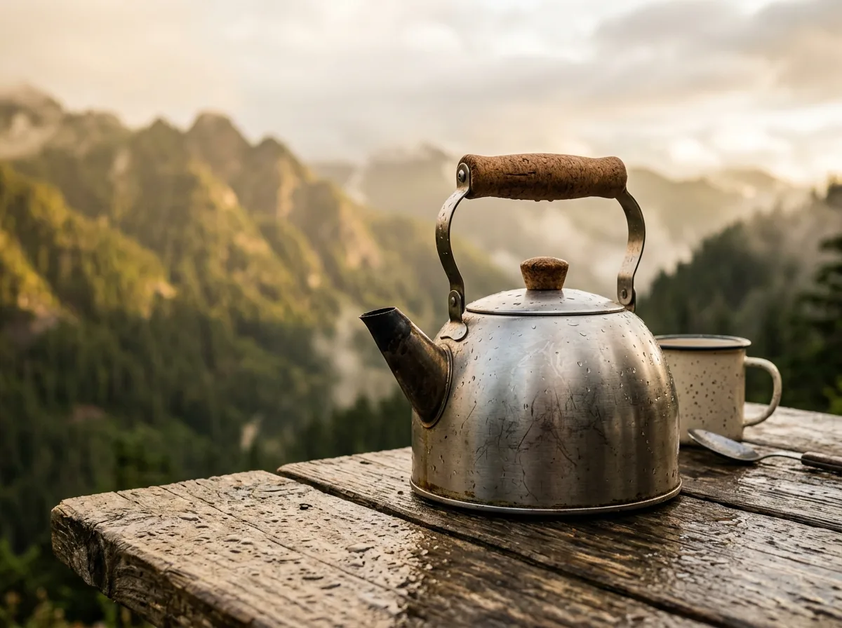Scuffed stainless steel kettle with cork handle sitting on a wet outdoor camp table in morning light, mountains blurred behind