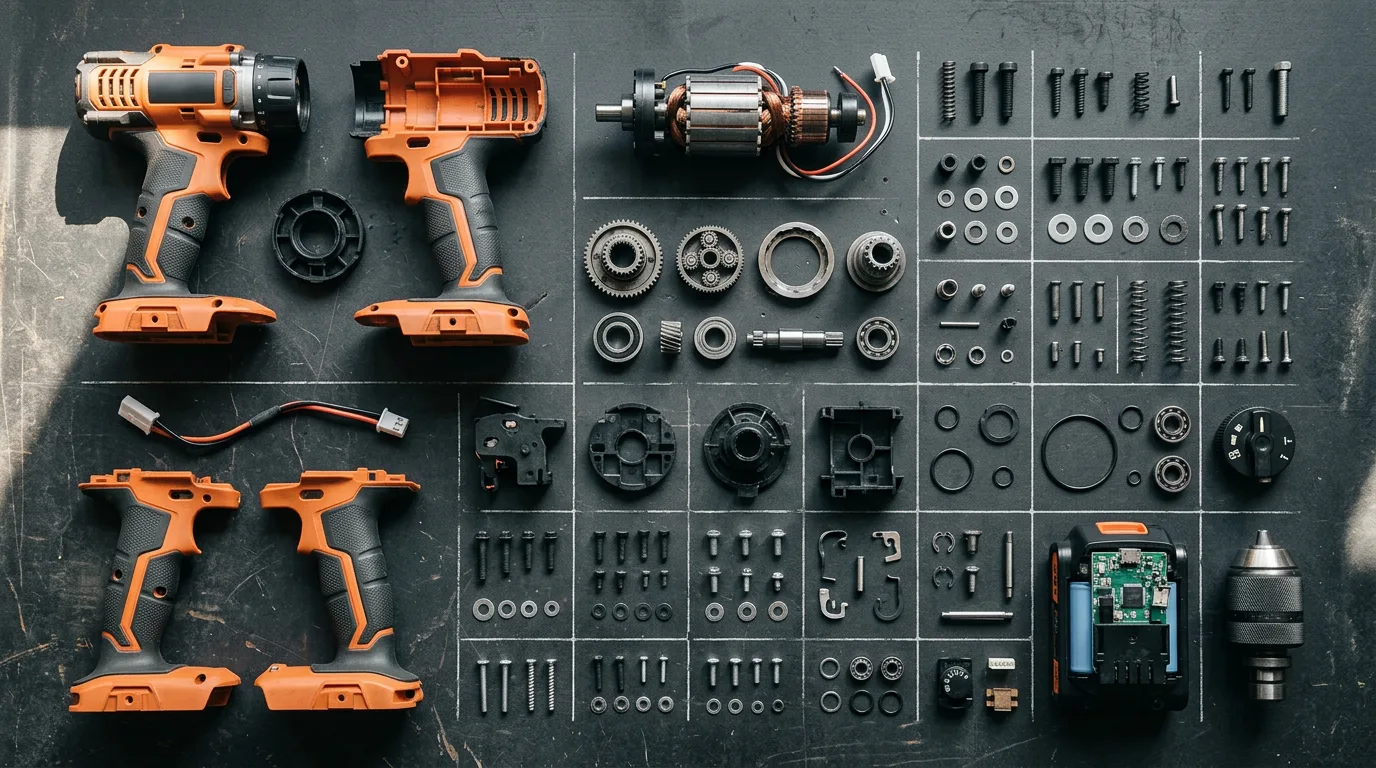 Overhead view of a disassembled orange power tool spread in a neat grid on a dark workbench, screws and gears visible