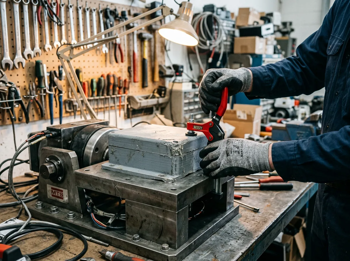 Engineer hands in gloves testing a battered grey prototype enclosure clamped to a vibration rig in a workshop