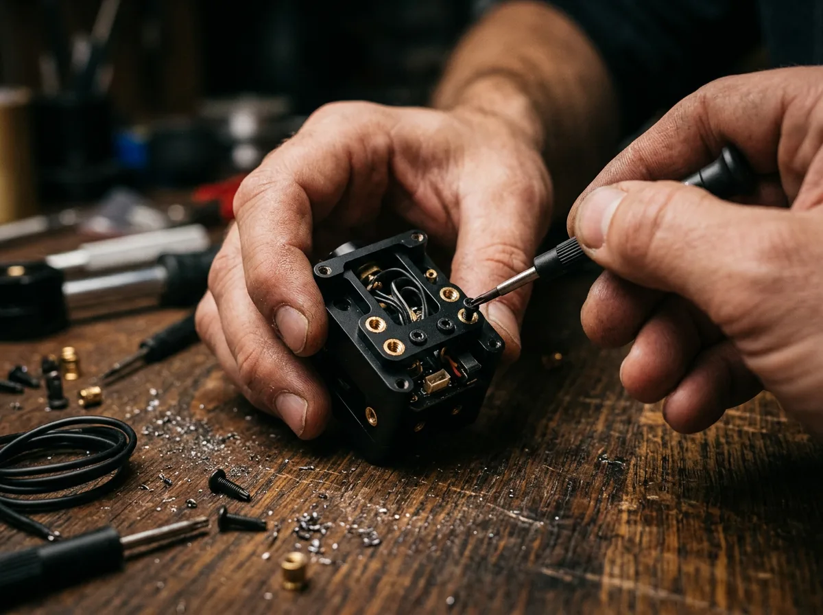 Close-up of hands assembling a small black mechanical prototype with visible screws and brass inserts on a wooden bench