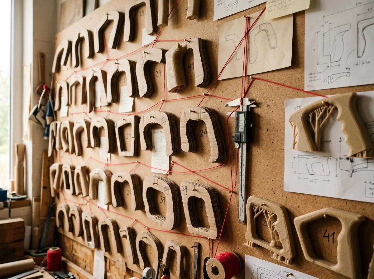 Wall of rough cardboard and 3D-printed models of kettle handles and housings pinned with red string and notes