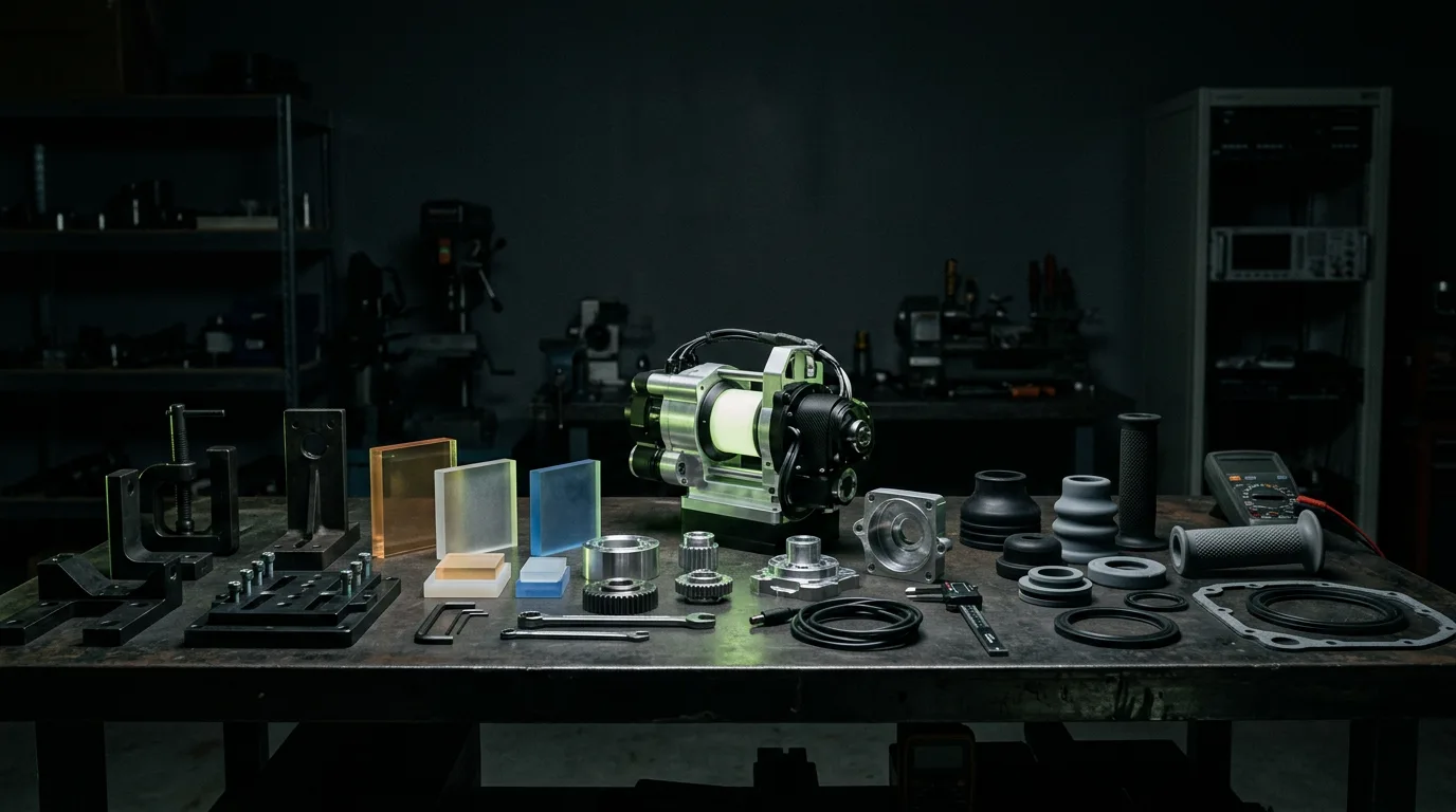 A dark product engineering workbench with metal fixtures, translucent material samples, and a glowing prototype assembly lit by a lime-green rim light.