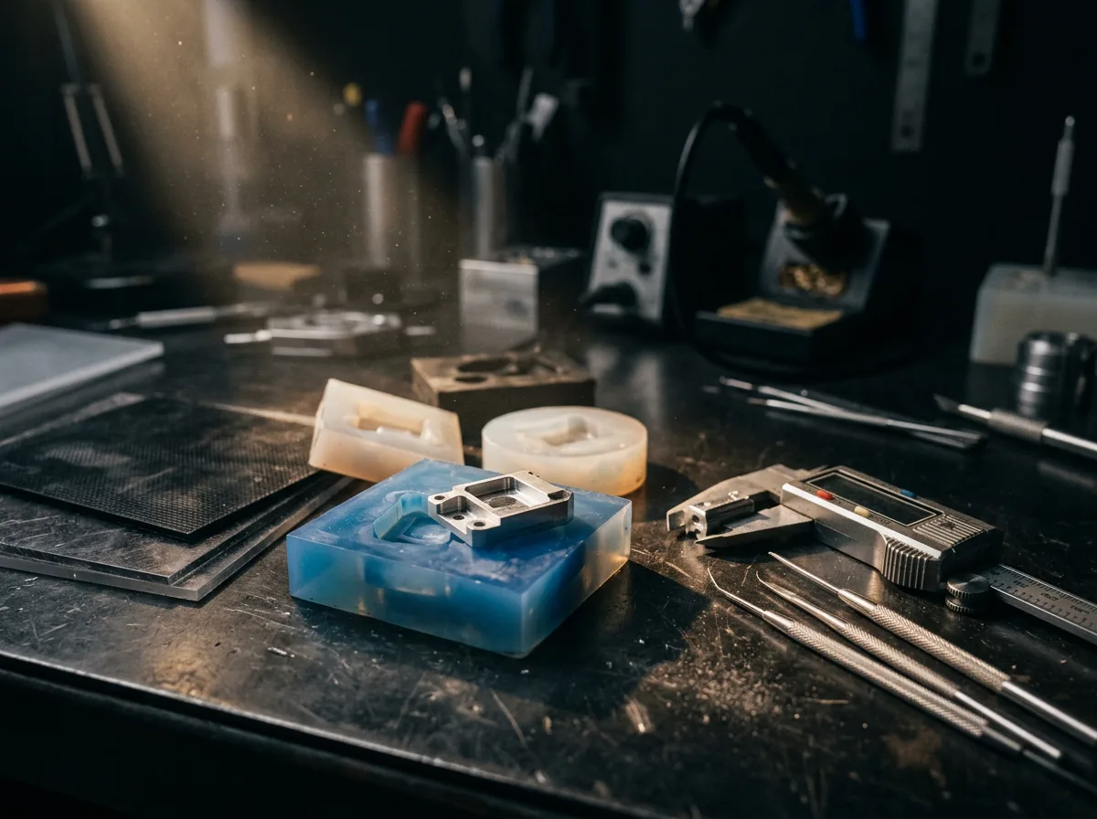 Close view of a model-making bench with silicone molds, metal probes, polymer sheets, and dust lit by a narrow studio beam.