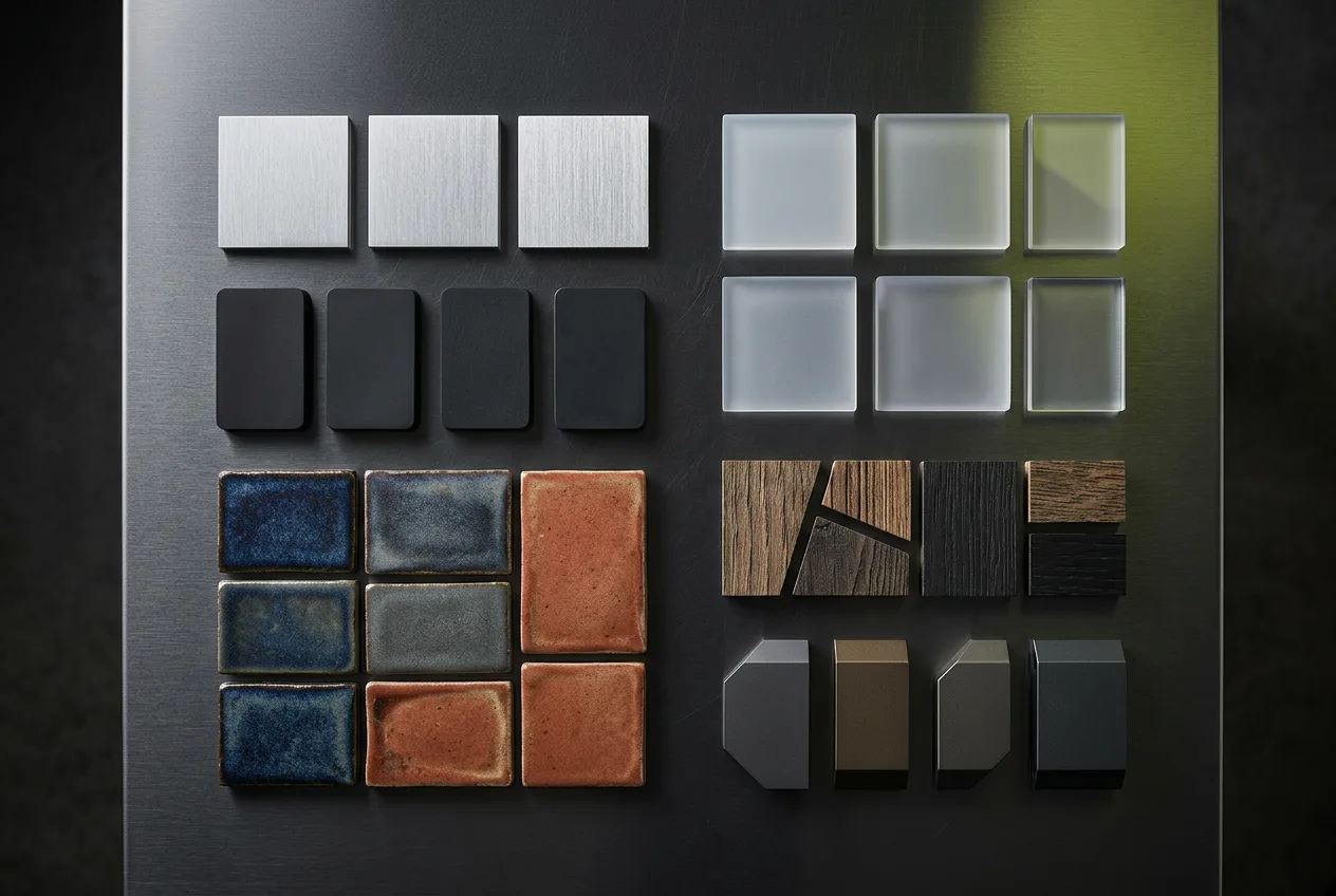 Top-down arrangement of material swatches on a steel table, including brushed aluminum, rubber, ceramic tiles, and translucent polymer.