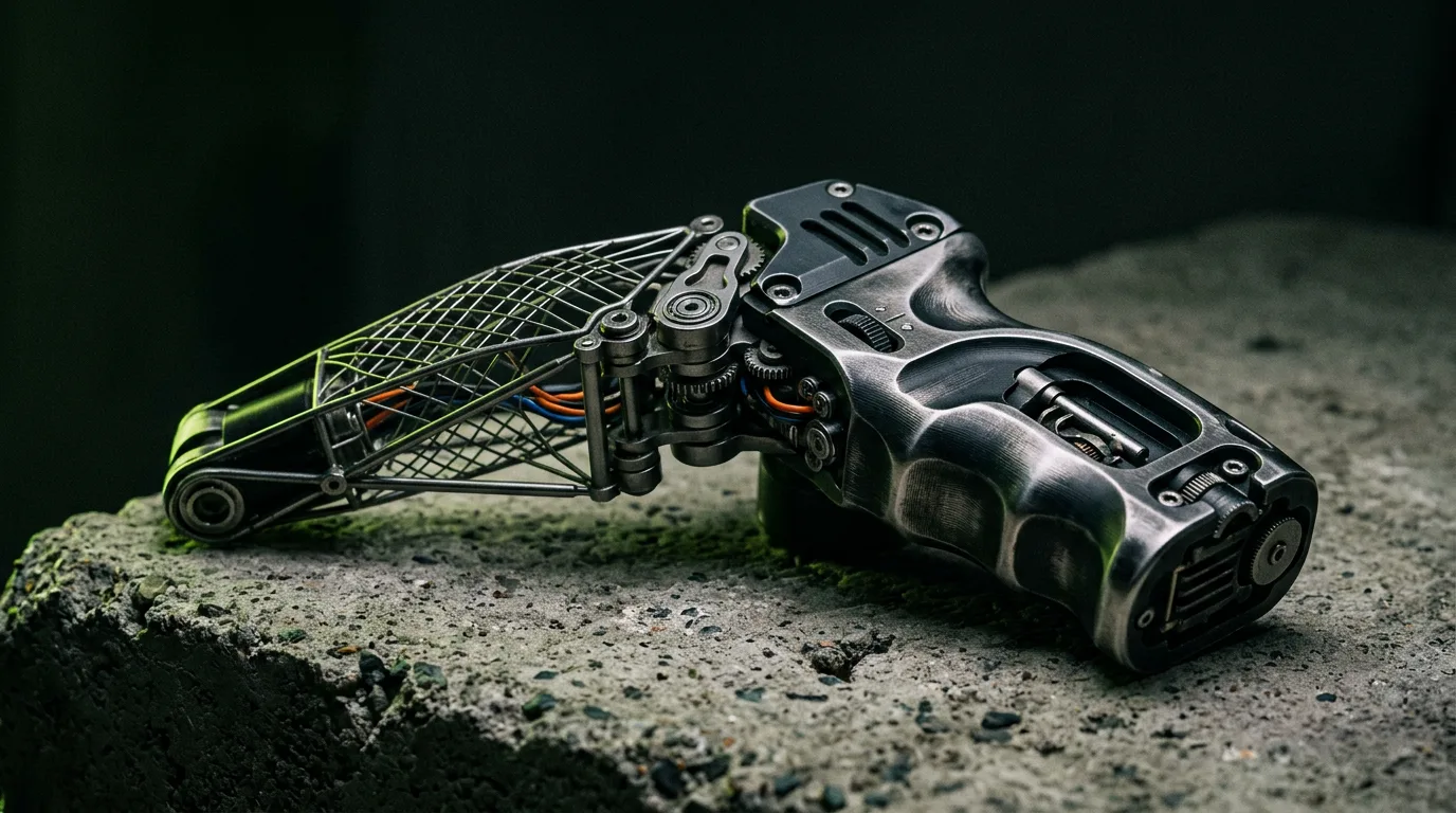 Sculptural handheld prototype device on a concrete surface, showing wireframe, machined housing, and exposed hinge under moody studio light.