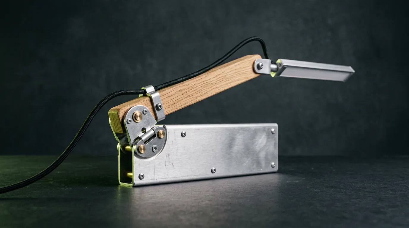 Minimal wooden lamp or cabinet component with exposed hinge and cable, photographed against a dark backdrop with lime rim light.